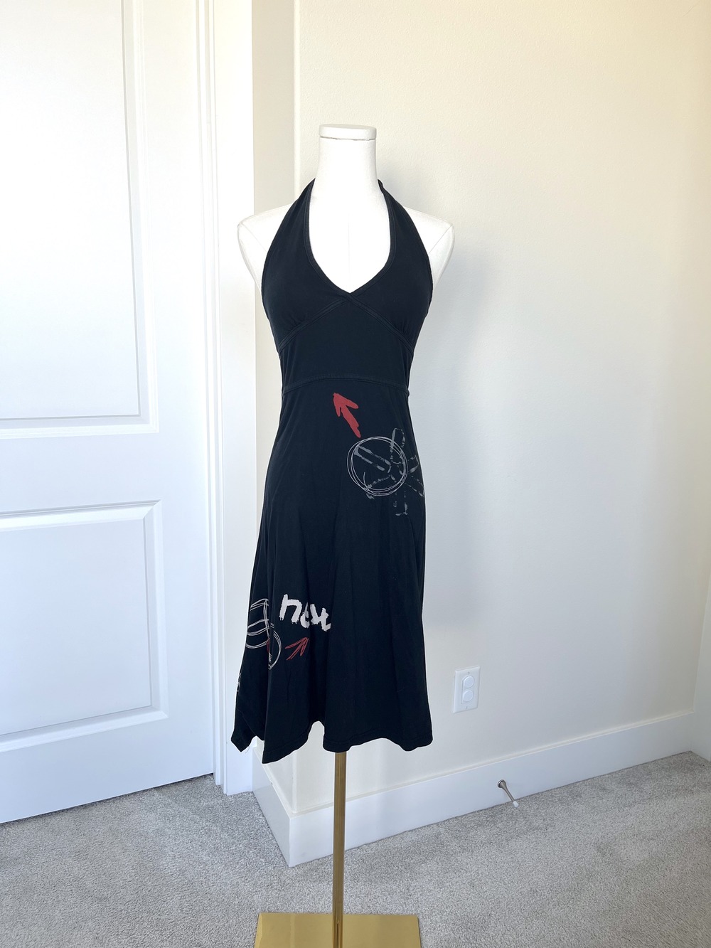 Desigual Black Halter Y2K Asymmetric Dress Life is Fantastic Graphic A-Line